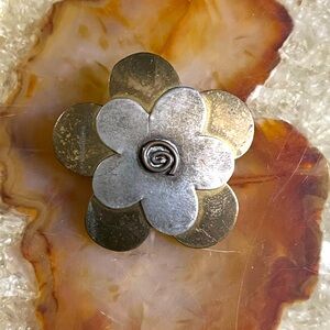 Brass Silver Flower Brooch Vintage Handmade